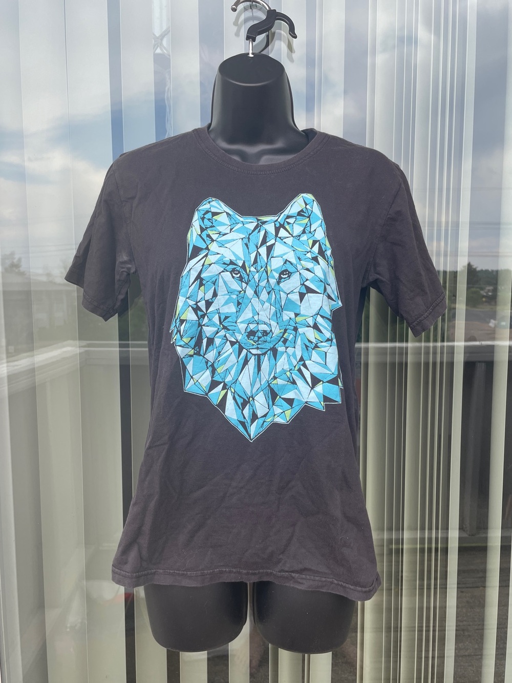 Black Tee with Geometric Blue Wolf Graphic